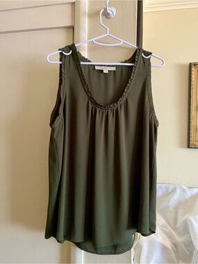 LOFT Olive Green Sleeveless Shell with Ruffled Scoop Neck